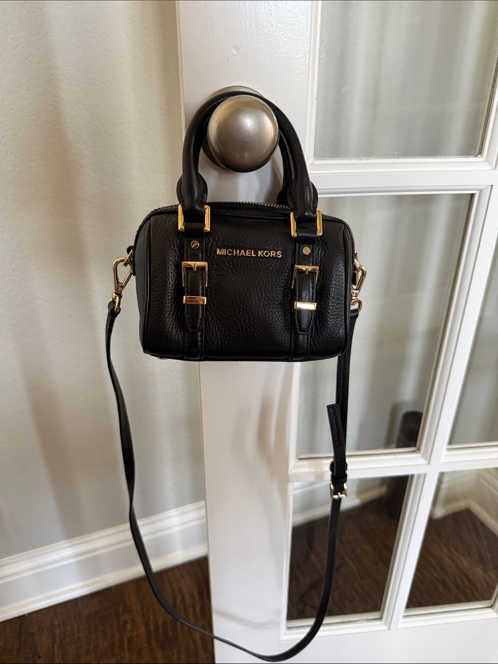 A Beauty!! Michael Kors Black Pebbled Leather Mini Satchel with Gold Hardware